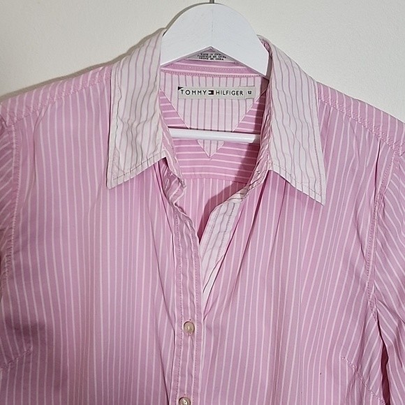 Tommy Hilfiger pink striped button down vintage 90's top size 12 - Picture 2 of 11